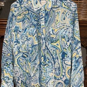 Chico's Blue, White & Yellow Paisley Button-Front Shirt 3/4 sleeves